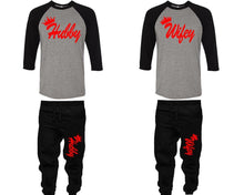 將圖片載入圖庫檢視器 Hubby and Wifey baseball shirts, matching top and bottom set, Black Grey Black baseball shirts, men joggers, shirt and jogger pants women. Matching couple joggers