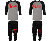 Load image into Gallery viewer, King and Queen baseball shirts, matching top and bottom set, Black Grey Black baseball shirts, men joggers, shirt and jogger pants women. Matching couple joggers