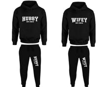 Görseli Galeri görüntüleyiciye yükleyin, Hubby and Wifey matching top and bottom set, Black pullover hoodie and sweatpants sets for mens, pullover hoodie and jogger set womens. Matching couple Jogger Pants.
