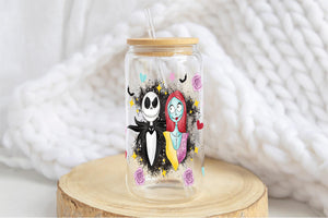 Jack and Sally Tumbler Glass Cup With Lid And Straw