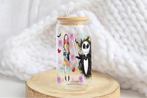 Jack and Sally Tumbler Glass Cup With Lid And Straw