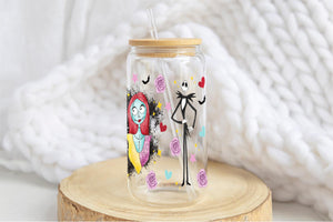 Jack and Sally Tumbler Glass Cup With Lid And Straw