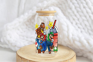 Mario Tumbler Glass Cup With Lid And Straw