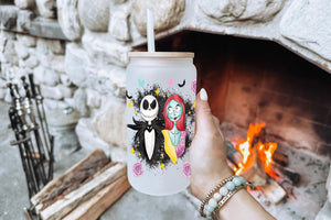 Jack and Sally Tumbler Glass Cup With Lid And Straw