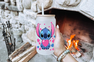 Stitch Tumbler Glass Cup With Lid And Straw