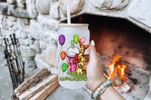 Wini The Pooh Tumbler Glass Cup With Lid And Straw