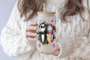 Jack and Sally Tumbler Glass Cup With Lid And Straw