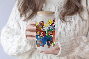 Mario Tumbler Glass Cup With Lid And Straw