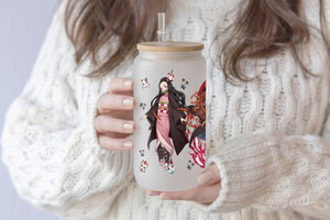 Nezuko Demon Slayer Tumbler Glass Cup With Lid And Straw