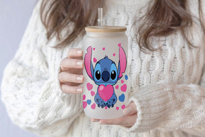 Stitch Tumbler Glass Cup With Lid And Straw