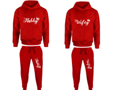 Görseli Galeri görüntüleyiciye yükleyin, Hubby and Wifey matching top and bottom set, Red pullover hoodie and sweatpants sets for mens, pullover hoodie and jogger set womens. Matching couple Jogger Pants.
