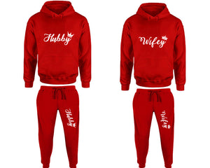 Hubby and Wifey matching top and bottom set, Red pullover hoodie and sweatpants sets for mens, pullover hoodie and jogger set womens. Matching couple Jogger Pants.