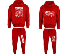 Görseli Galeri görüntüleyiciye yükleyin, Crazy Husband matching top and bottom set, Red pullover hoodie and sweatpants sets for mens, pullover hoodie and jogger set womens. Matching couple Jogger Pants.
