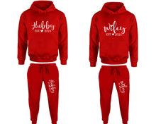 Görseli Galeri görüntüleyiciye yükleyin, Hubby and Wifey matching top and bottom set, Red pullover hoodie and sweatpants sets for mens, pullover hoodie and jogger set womens. Matching couple Jogger Pants.
