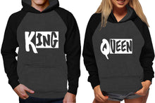 Load image into Gallery viewer, King and Queen raglan hoodies, Matching couple hoodies, Black Charcoal King Queen design on man and woman hoodies
