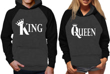Load image into Gallery viewer, King and Queen raglan hoodies, Matching couple hoodies, Black Charcoal King Queen design on man and woman hoodies
