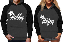 Cargar imagen en el visor de la galería, Hubby and Wifey raglan hoodies, Matching couple hoodies, Black Charcoal King Queen design on man and woman hoodies
