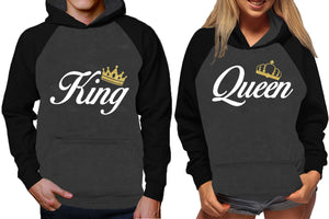 King and Queen raglan hoodies, Matching couple hoodies, Black Charcoal King Queen design on man and woman hoodies