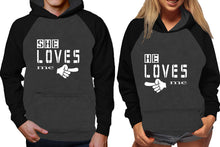 Load image into Gallery viewer, She Loves Me and He Loves Me raglan hoodies, Matching couple hoodies, Black Charcoal his and hers man and woman contrast raglan hoodies

