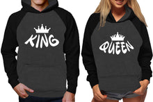 將圖片載入圖庫檢視器 King and Queen raglan hoodies, Matching couple hoodies, Black Charcoal King Queen design on man and woman hoodies
