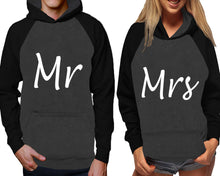 Load image into Gallery viewer, Mr and Mrs raglan hoodies, Matching couple hoodies, Black Charcoal his and hers man and woman contrast raglan hoodies
