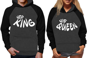 Her King and His Queen raglan hoodies, Matching couple hoodies, Black Charcoal King Queen design on man and woman hoodies