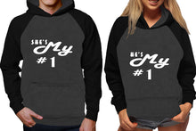 Görseli Galeri görüntüleyiciye yükleyin, She&#39;s My Number 1 and He&#39;s My Number 1 raglan hoodies, Matching couple hoodies, Black Charcoal his and hers man and woman contrast raglan hoodies
