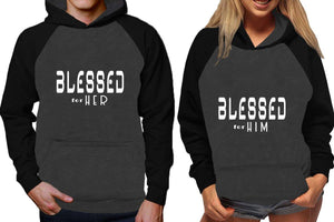 Blessed for Her and Blessed for Him raglan hoodies, Matching couple hoodies, Black Charcoal his and hers man and woman contrast raglan hoodies