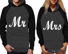 將圖片載入圖庫檢視器 Mr and Mrs raglan hoodies, Matching couple hoodies, Black Charcoal his and hers man and woman contrast raglan hoodies
