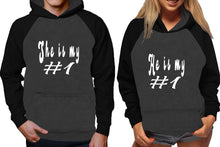 Load image into Gallery viewer, She&#39;s My Number 1 and He&#39;s My Number 1 raglan hoodies, Matching couple hoodies, Black Charcoal his and hers man and woman contrast raglan hoodies
