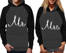 Load image into Gallery viewer, Mr and Mrs raglan hoodies, Matching couple hoodies, Black Charcoal his and hers man and woman contrast raglan hoodies
