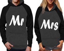 Cargar imagen en el visor de la galería, Mr and Mrs raglan hoodies, Matching couple hoodies, Black Charcoal his and hers man and woman contrast raglan hoodies

