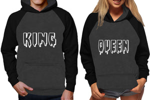 King and Queen raglan hoodies, Matching couple hoodies, Black Charcoal King Queen design on man and woman hoodies