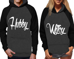Hubby and Wifey raglan hoodies, Matching couple hoodies, Black Charcoal his and hers man and woman contrast raglan hoodies