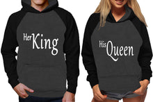 Load image into Gallery viewer, Her King and His Queen raglan hoodies, Matching couple hoodies, Black Charcoal King Queen design on man and woman hoodies
