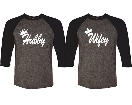 Hubby and Wifey matching couple baseball shirts.Couple shirts, Black Charcoal 3/4 sleeve baseball t shirts. Couple matching shirts.