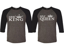 Load image into Gallery viewer, Her King and His Queen matching couple baseball shirts.Couple shirts, Black Charcoal 3/4 sleeve baseball t shirts. Couple matching shirts.
