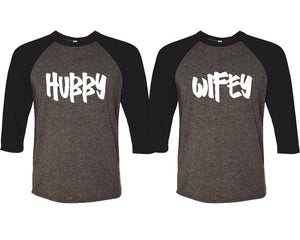Hubby and Wifey matching couple baseball shirts.Couple shirts, Black Charcoal 3/4 sleeve baseball t shirts. Couple matching shirts.