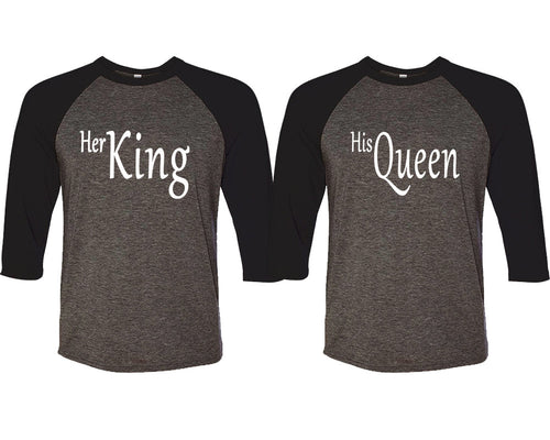 Her King and His Queen matching couple baseball shirts.Couple shirts, Black Charcoal 3/4 sleeve baseball t shirts. Couple matching shirts.