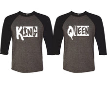 Load image into Gallery viewer, King and Queen matching couple baseball shirts.Couple shirts, Black Charcoal 3/4 sleeve baseball t shirts. Couple matching shirts.
