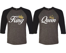 Load image into Gallery viewer, King and Queen matching couple baseball shirts.Couple shirts, Black Charcoal 3/4 sleeve baseball t shirts. Couple matching shirts.
