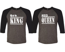 Load image into Gallery viewer, Her King and His Queen matching couple baseball shirts.Couple shirts, Black Charcoal 3/4 sleeve baseball t shirts. Couple matching shirts.
