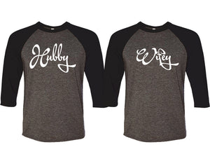 Hubby and Wifey matching couple baseball shirts.Couple shirts, Black Charcoal 3/4 sleeve baseball t shirts. Couple matching shirts.