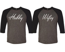Load image into Gallery viewer, Hubby and Wifey matching couple baseball shirts.Couple shirts, Black Charcoal 3/4 sleeve baseball t shirts. Couple matching shirts.
