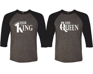 Her King and His Queen matching couple baseball shirts.Couple shirts, Black Charcoal 3/4 sleeve baseball t shirts. Couple matching shirts.