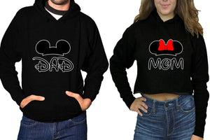 Dad and Mom hoodies, Matching couple hoodies, Black pullover hoodie for man Black crop hoodie for woman