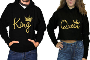 King and Queen hoodies, Matching couple hoodies, Black pullover hoodie for man Black crop top hoodie for woman