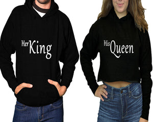 Her King and His Queen hoodies, Matching couple hoodies, Black pullover hoodie for man Black crop top hoodie for woman