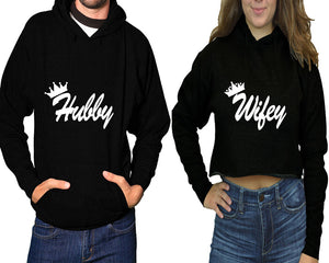 Hubby and Wifey hoodies, Matching couple hoodies, Black pullover hoodie for man Black crop top hoodie for woman