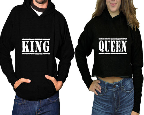 Her King and His Queen hoodies, Matching couple hoodies, Black pullover hoodie for man Black crop top hoodie for woman